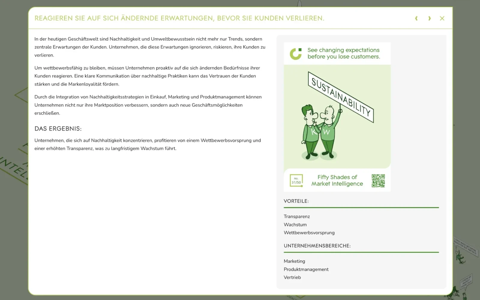 Lightbox der Web-App von Cedura mit Business Case, Sammelkarte, Vorteilen und Unternehmensbereichen