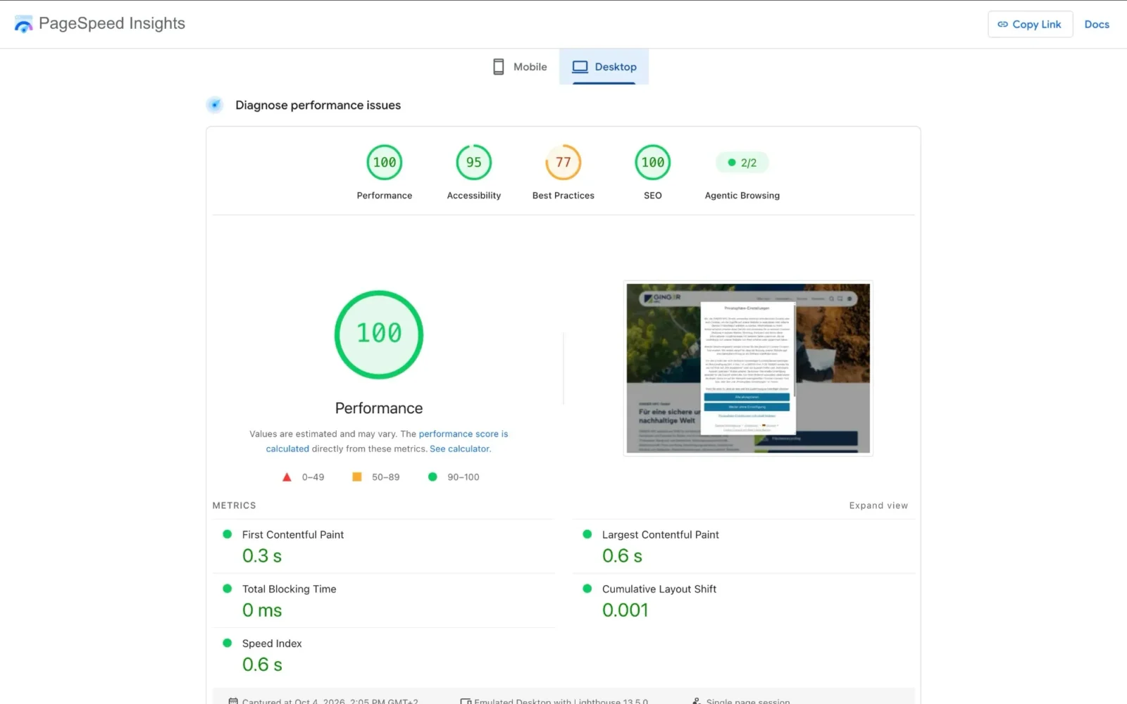 PageSpeed Insights für gingerhpc.de mit Performance-Wert 100 am Desktop