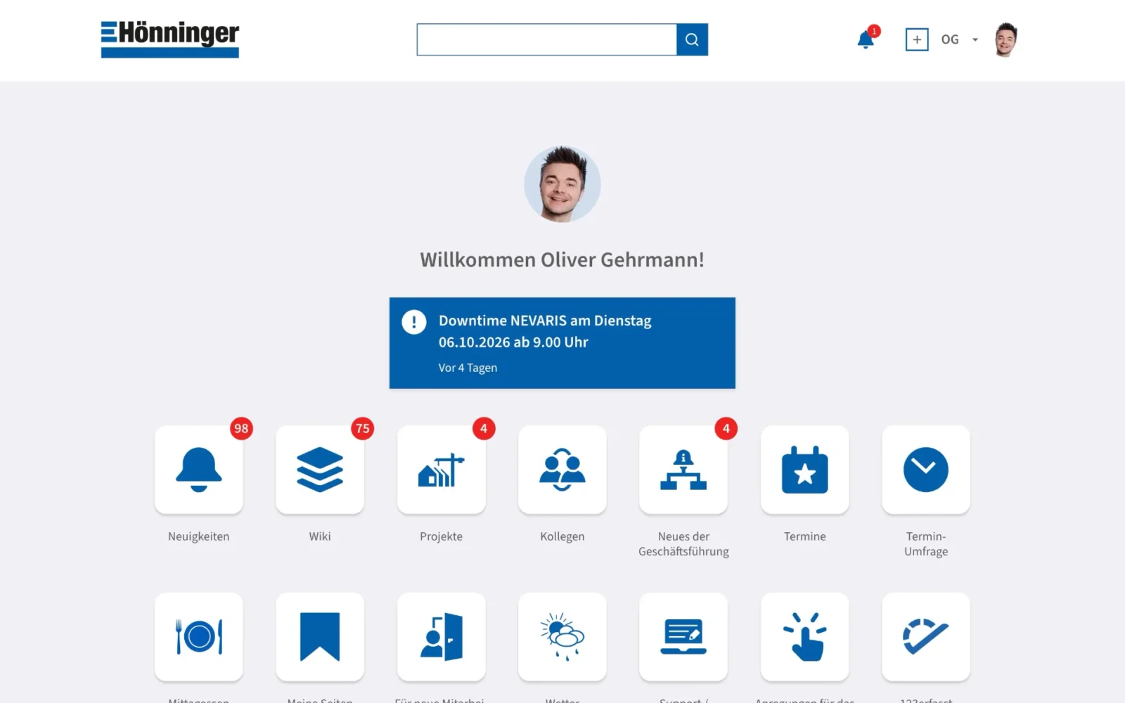 Startseite des Hönninger-Intranets mit Kacheln für Neuigkeiten, Wiki, Projekte und Termine