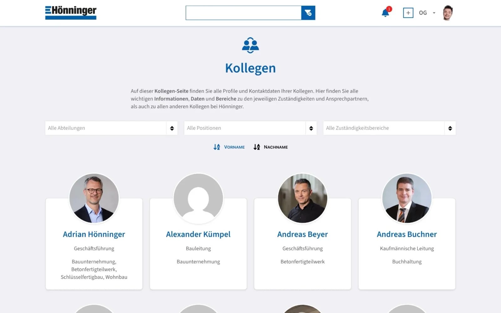 Mitarbeiterverzeichnis im Hönninger-Intranet mit Filtern nach Abteilung, Position und Zuständigkeit