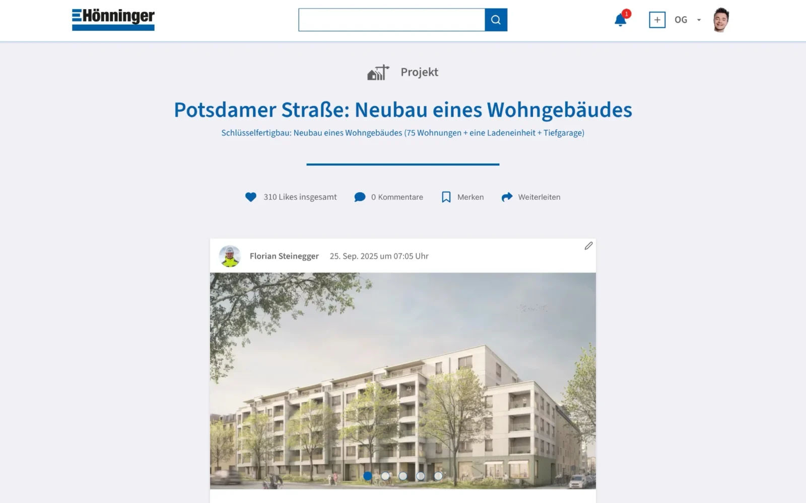 Projektseite im Hönninger-Intranet mit einem Beitrag zum Neubau eines Wohngebäudes