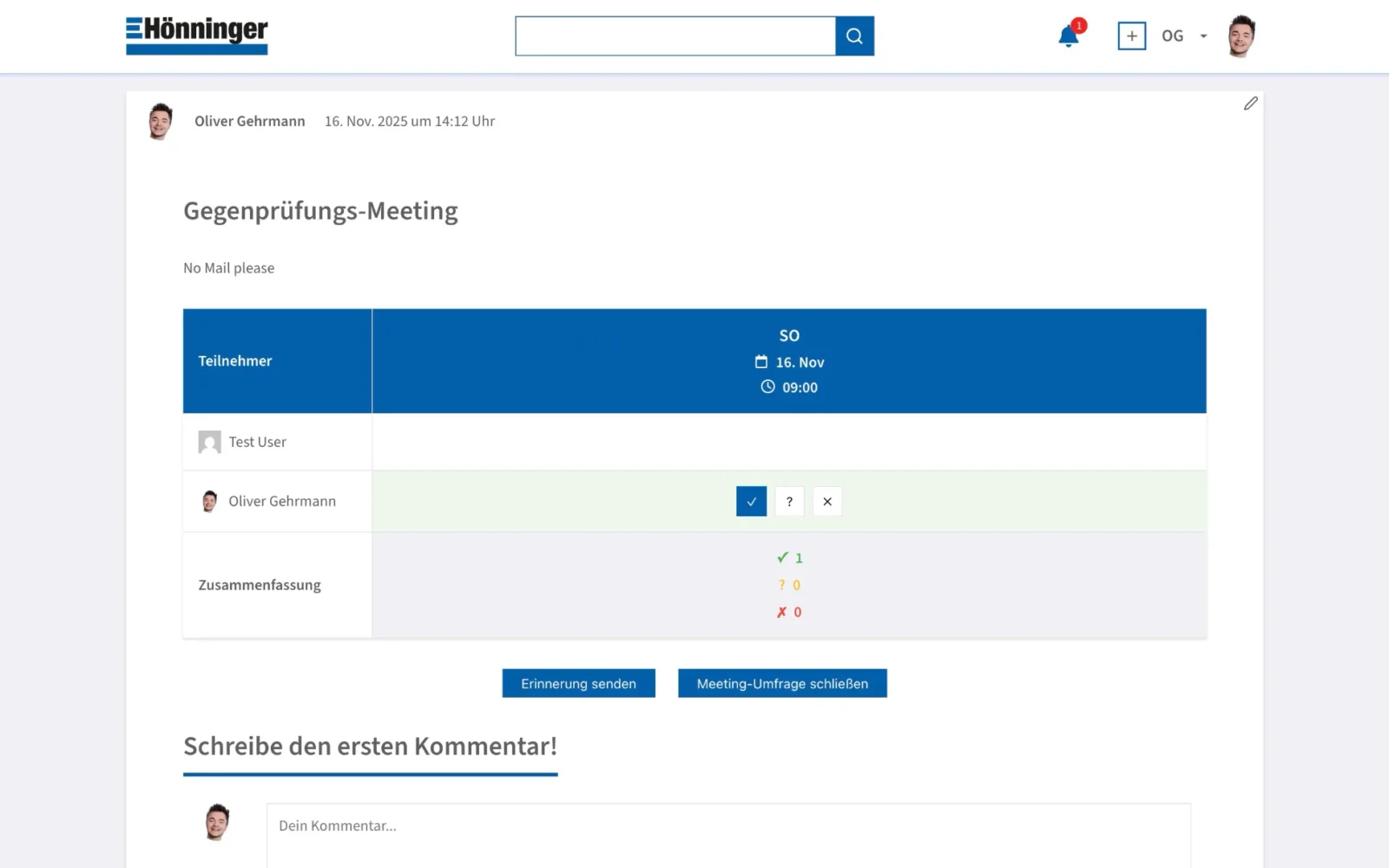 Termin-Umfrage im Hönninger-Intranet mit den Zusagen der Teilnehmer