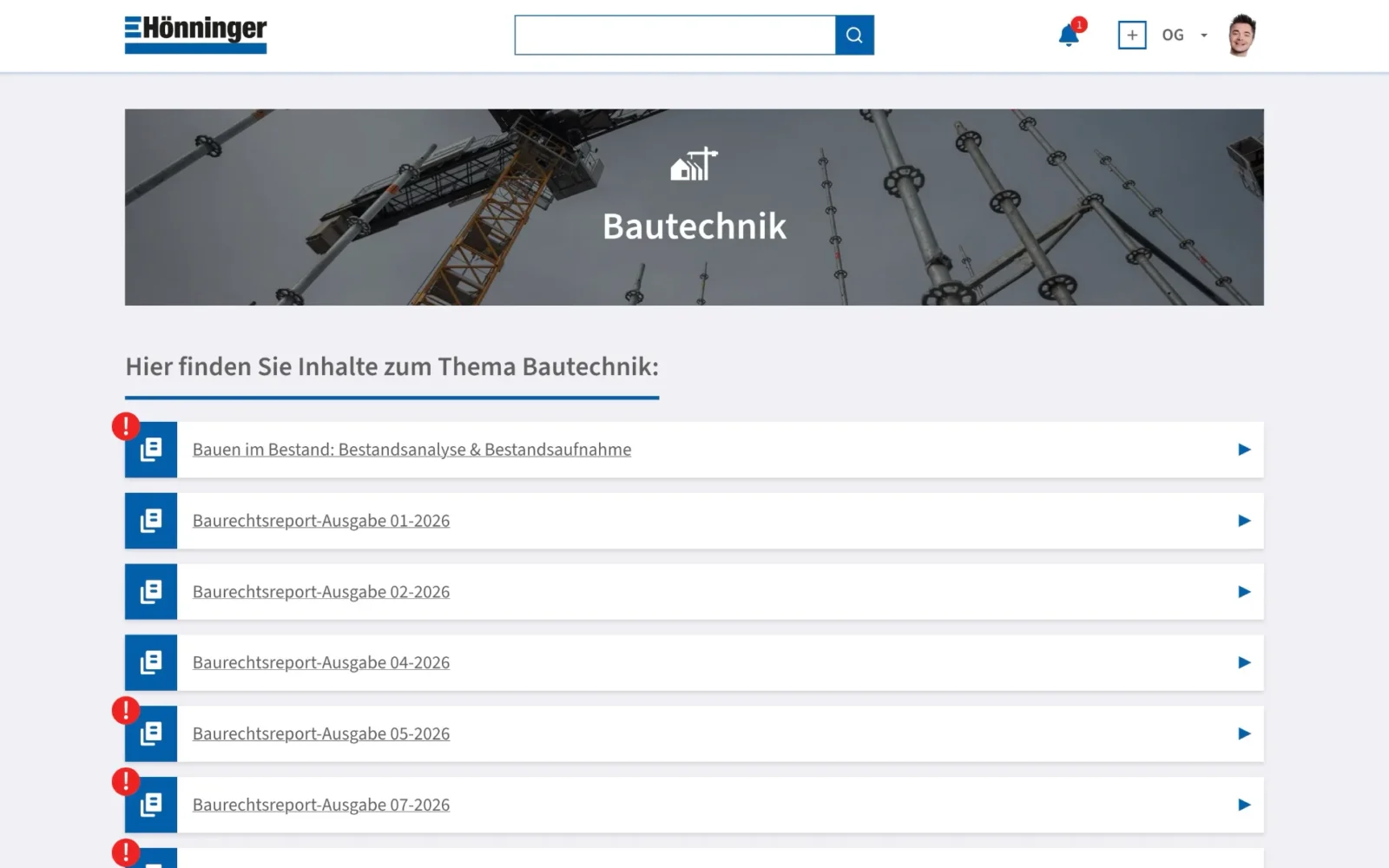 Wiki-Bereich Bautechnik im Hönninger-Intranet mit einer Liste der Beiträge