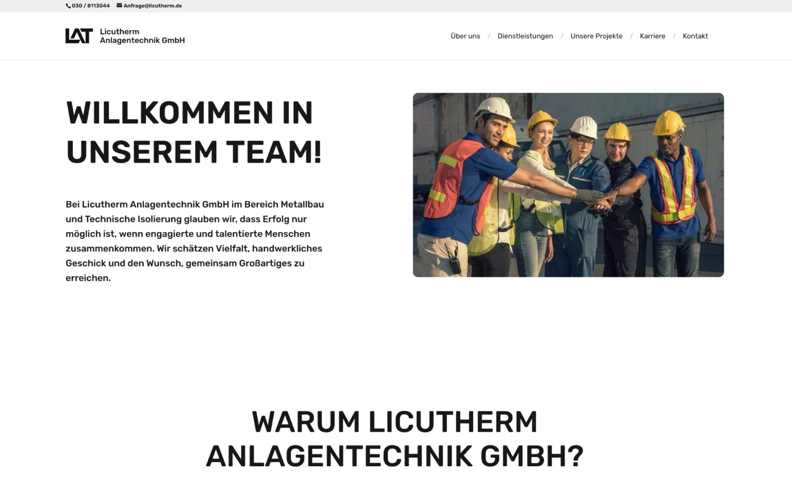 Karriereseite von Licutherm mit der Überschrift „Willkommen in unserem Team!“