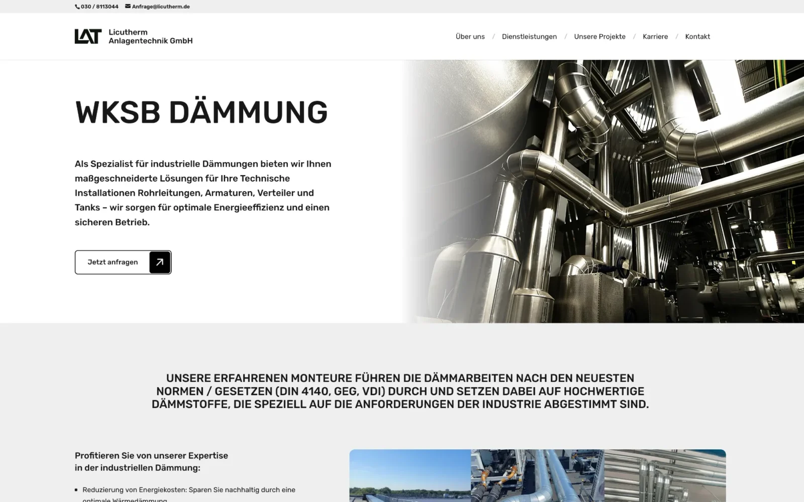 Landingpage für WKSB-Dämmung von Licutherm mit Anfrage-Button und Bild gedämmter Rohrleitungen