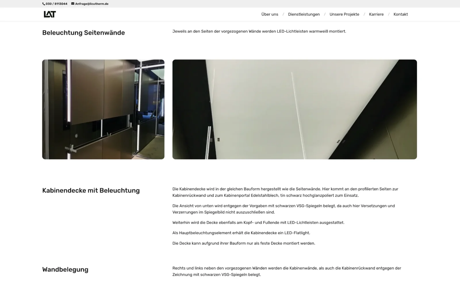 Projektseite von Licutherm zur Auskleidung einer Aufzugskabine mit Fotos und Beschreibung der Arbeiten