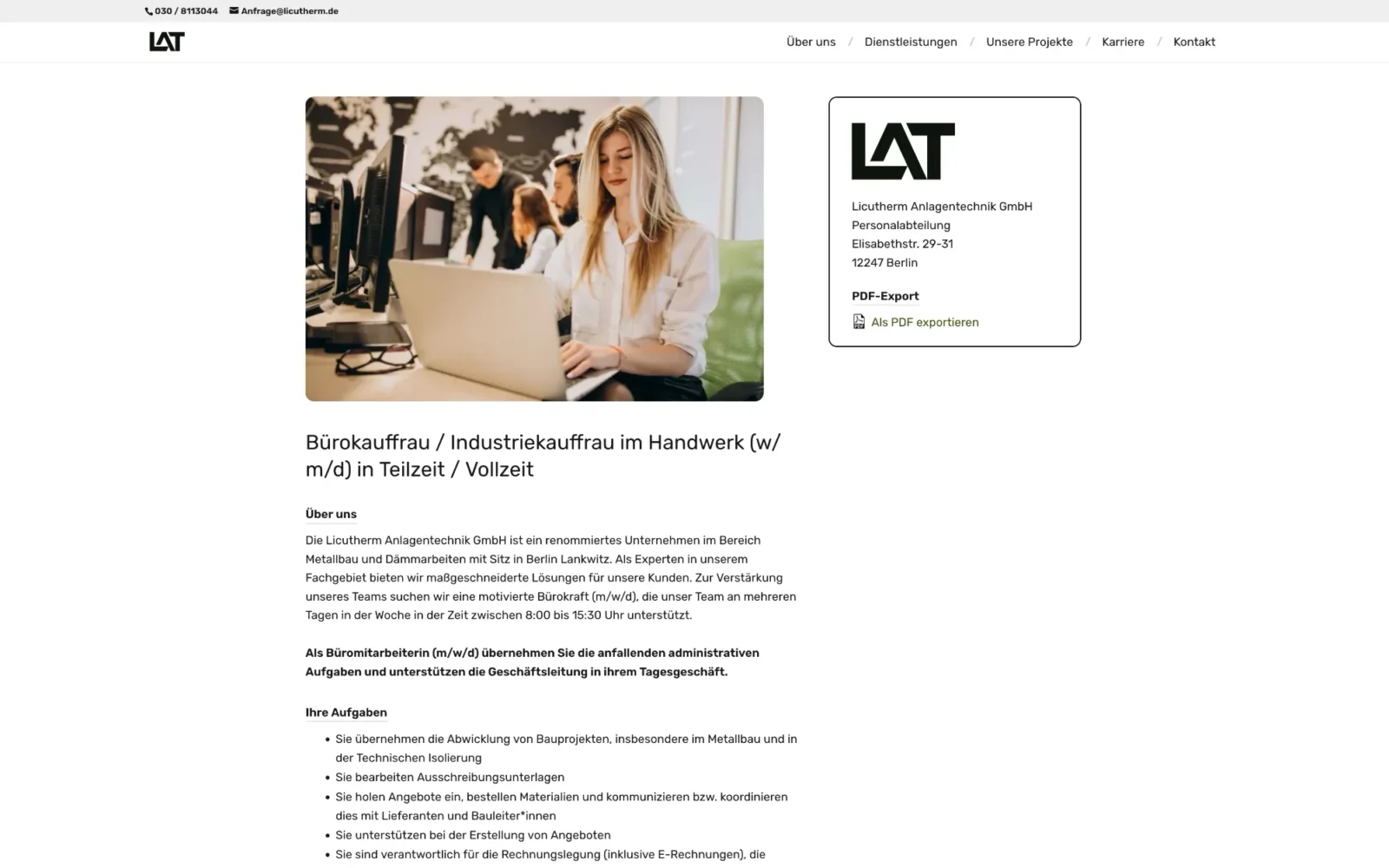 Einzelansicht einer Stellenanzeige von Licutherm mit Aufgaben, Firmenanschrift und PDF-Export