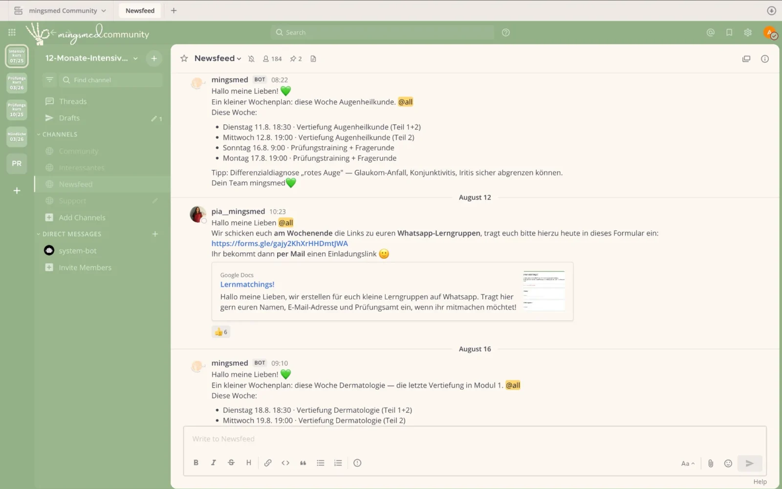 Mattermost-Community von mingsmed mit Newsfeed und Wochenplan