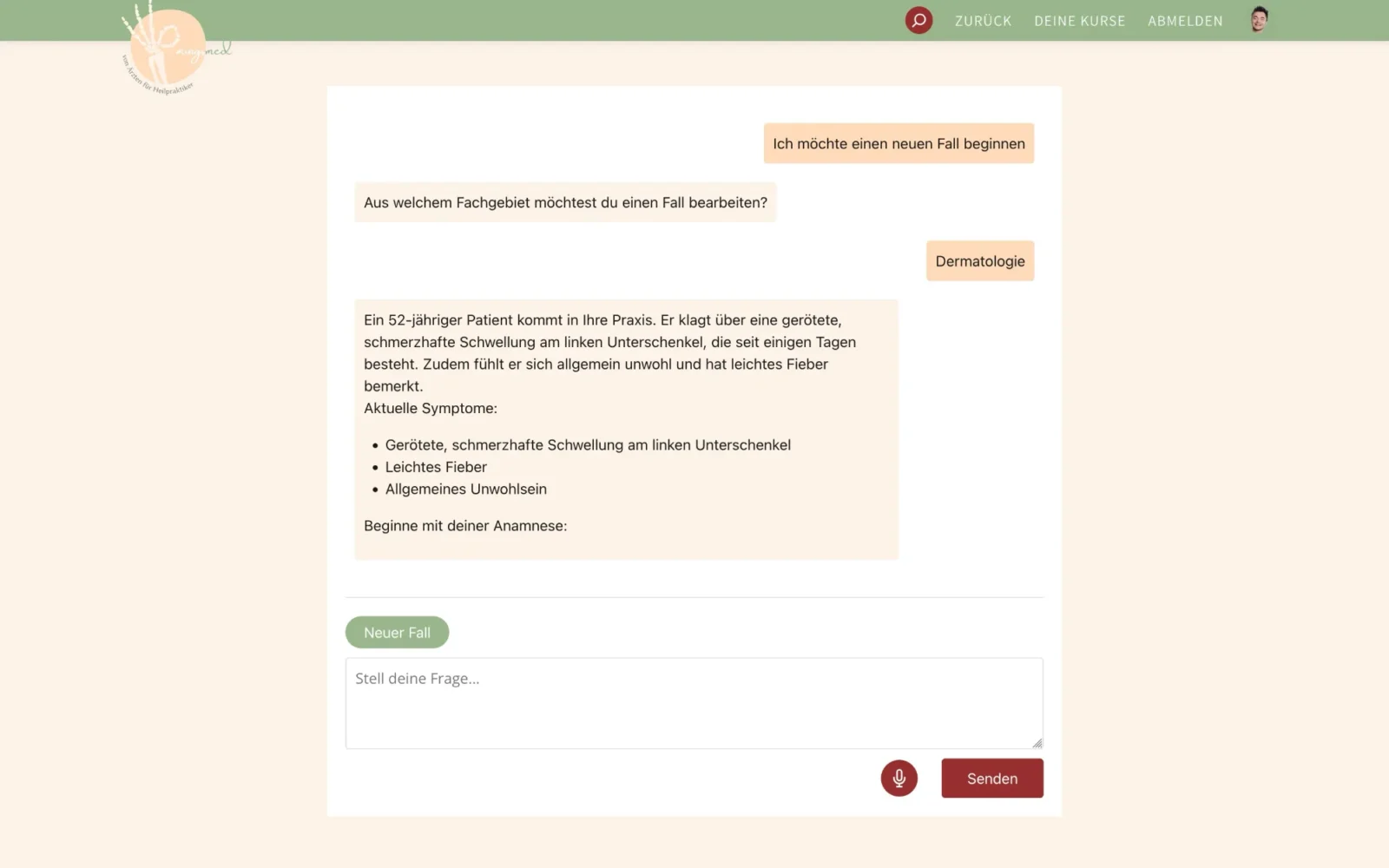 KI-Falltrainer von mingsmed: Chat mit einem Patientenfall aus der Dermatologie